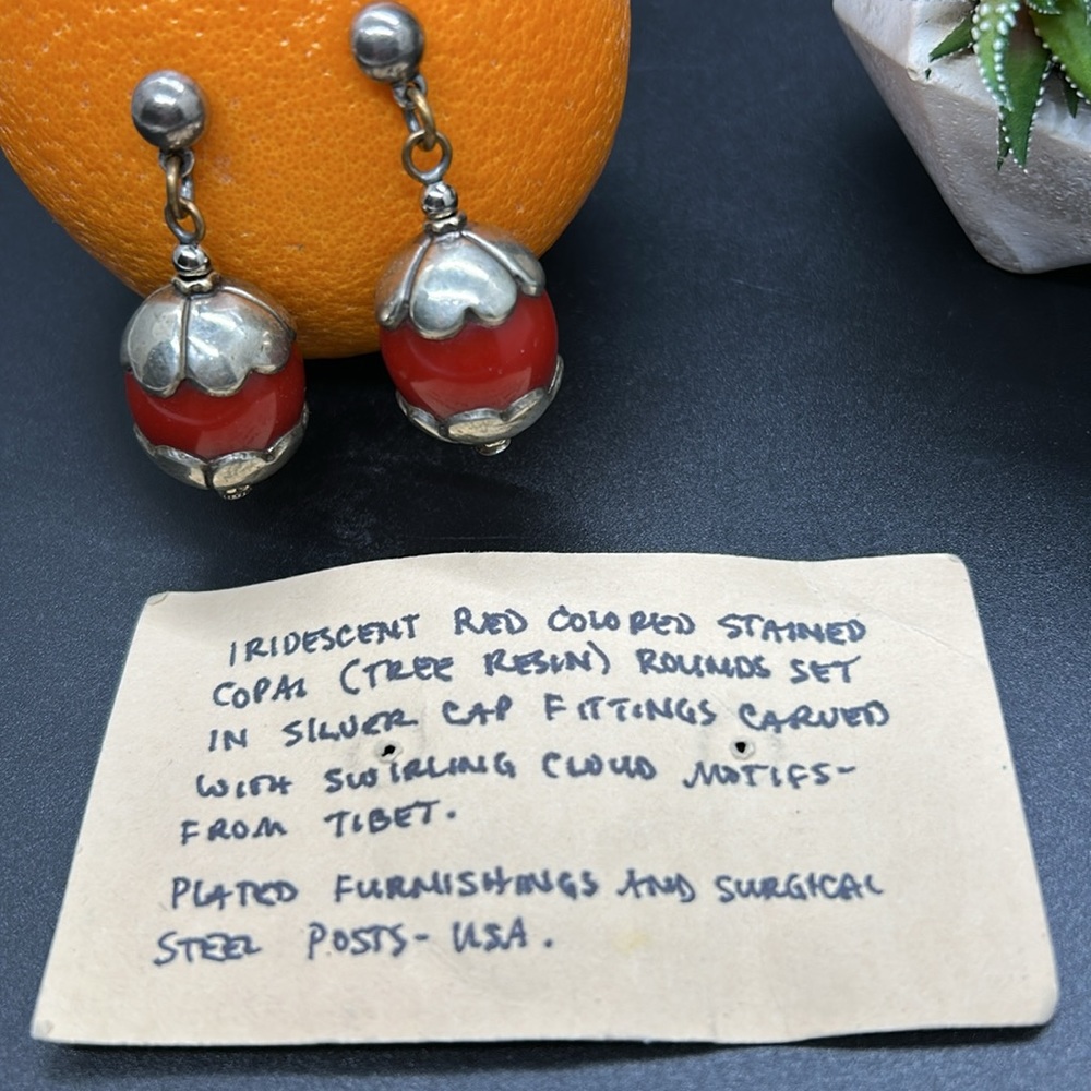 Red and Silver Dangling Earrings with Spherical Accents